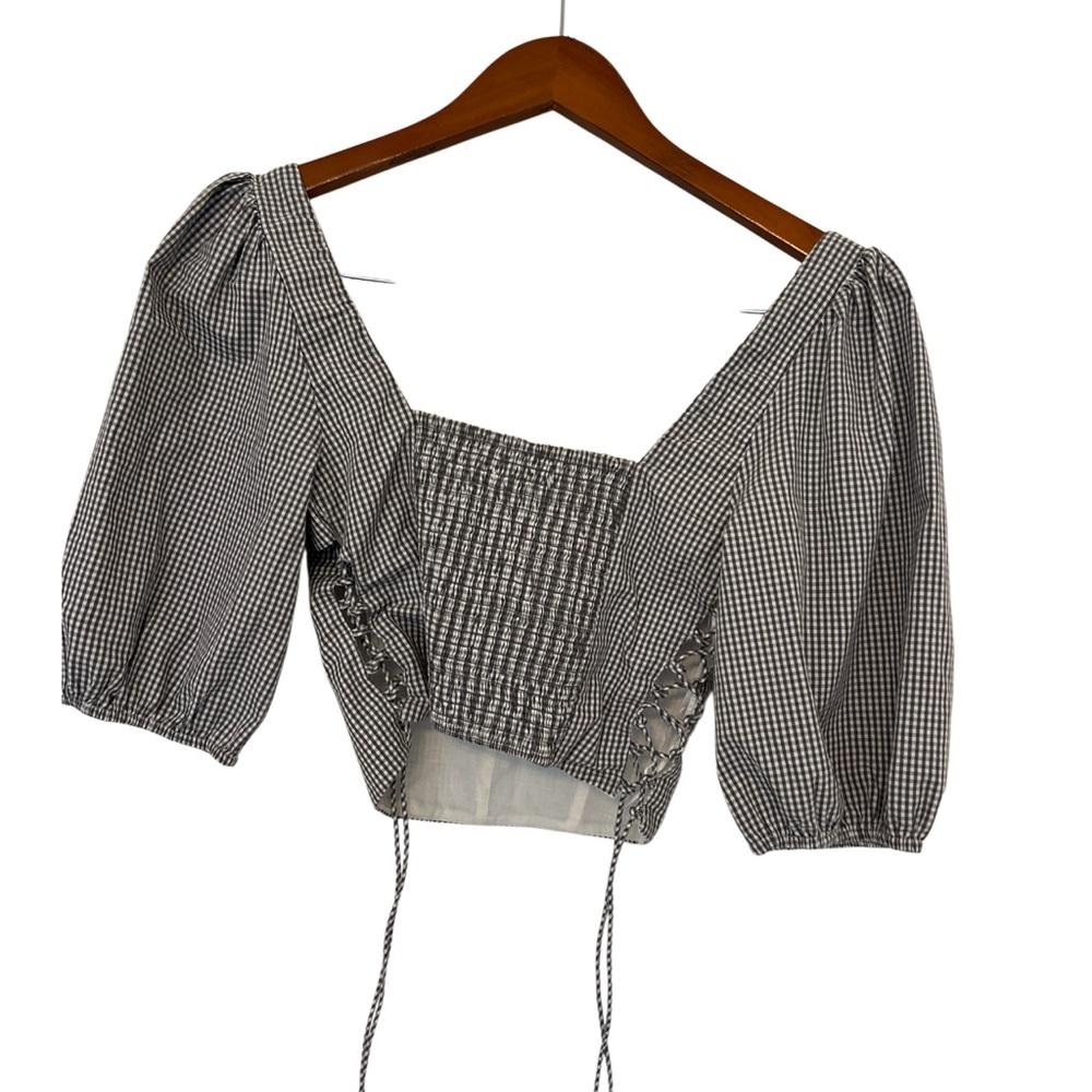 Abercrombie & Fitch Gingham Puff Sleeve Lace-Up Crop Top Women’s Size S - Picture 3 of 7